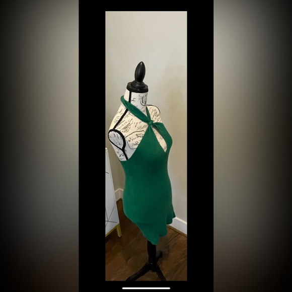 Green Ribbed Knit Crossover Halter Bodycon Mini Dress Women's Small AJ Luxury - Picture 2 of 9